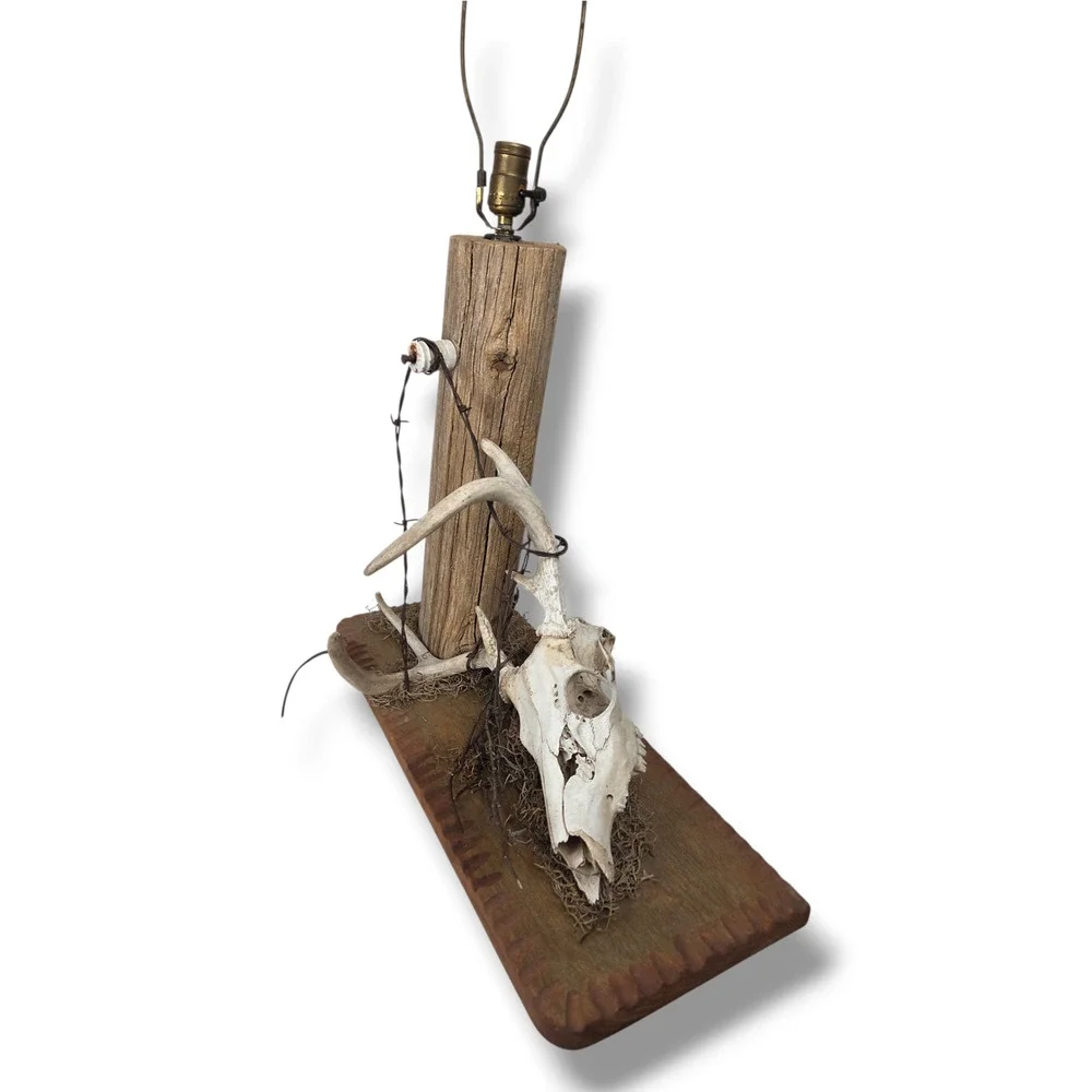 Rustic Deer Skull Barbed Wire Table Lamp Lodge Cabin Western Decor Vintage